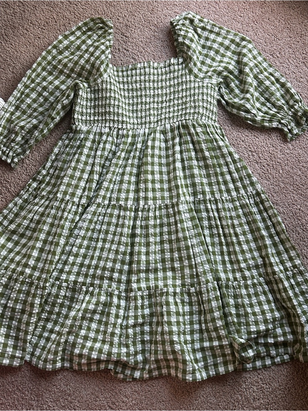 crown & ivy Olive Green and White Gingham Puff-Sleeve Dress